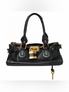 Black Leather Satchel Handbag with Gold Hardware